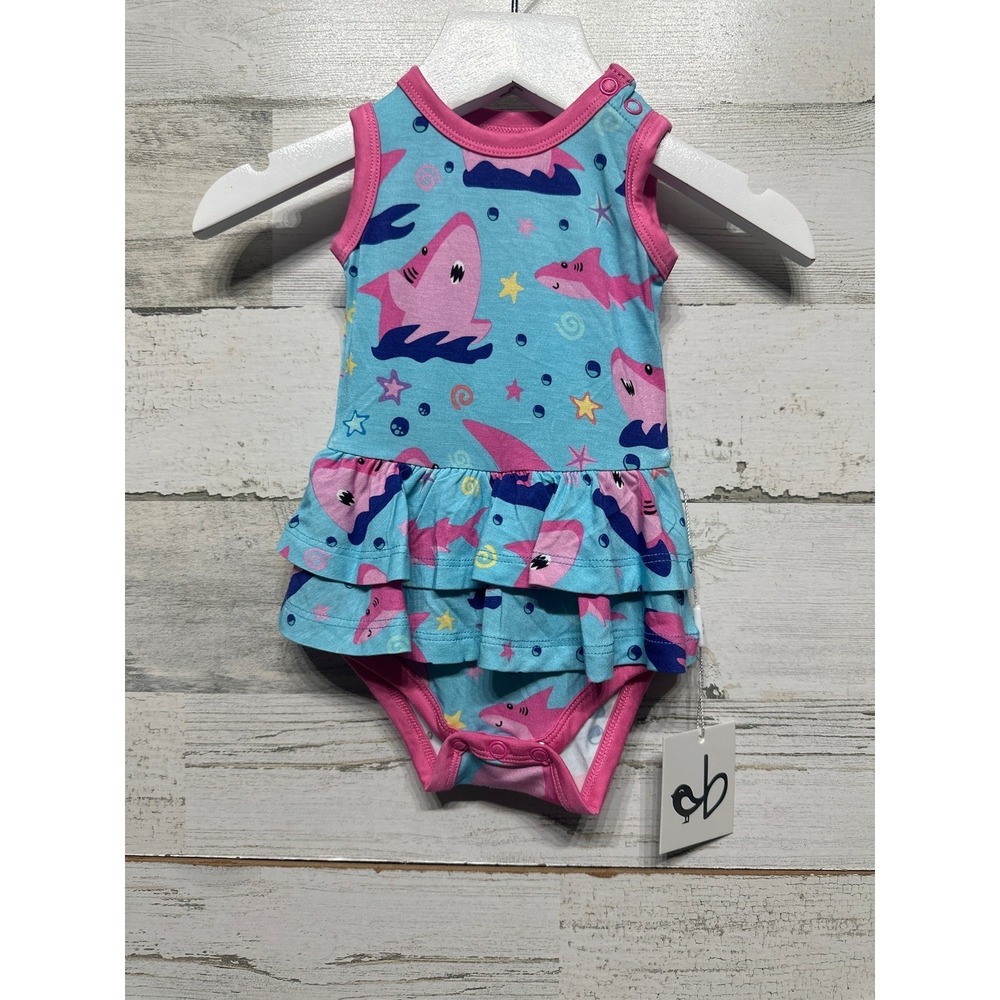 Birdie Bean Gwen Pink Shark Birdie Twirl Bodysuit Girls 0-3M Blue Bamboo NWT